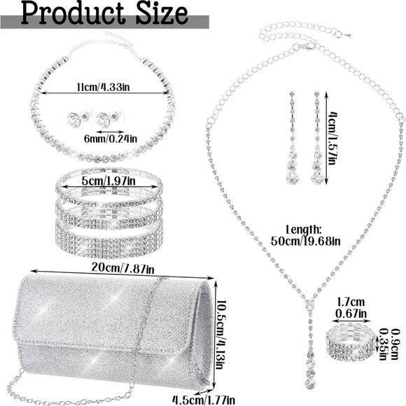 Elegant Silver Clutch Purse and Rhinestone Jewelry Set for Women - Bridal Prom W - Picture 5 of 7